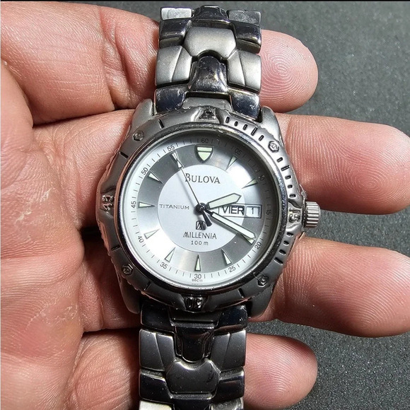 Bulova Millennia Titanium Mens Quartz Day Date Dial Watch Working Silver Tone - Picture 1 of 10
